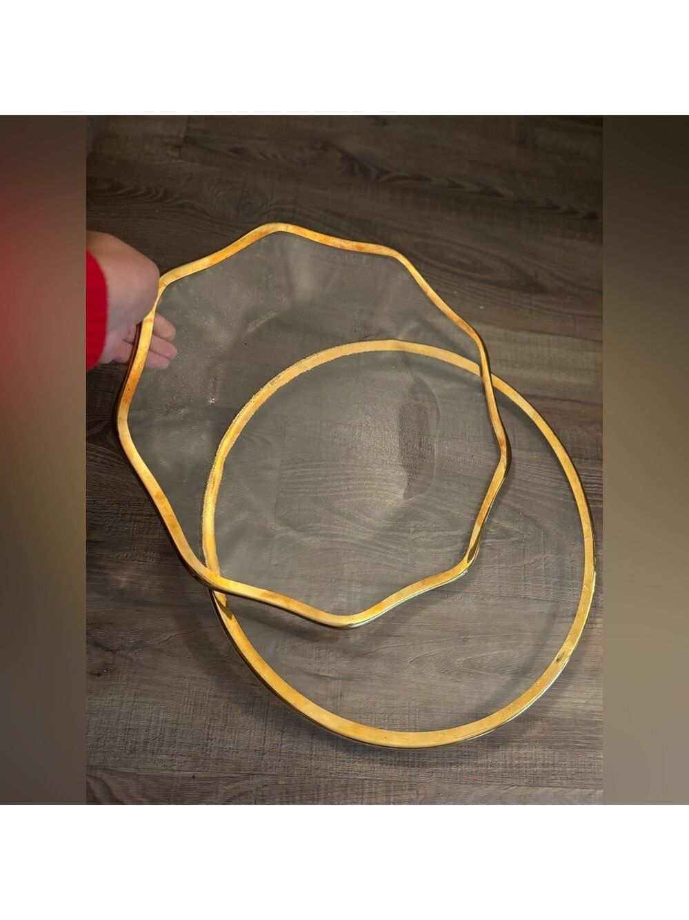 Vintage Gold Rim Glass Serving Trays Set of 2 | 14” Sculptural Organic Edge Luxe